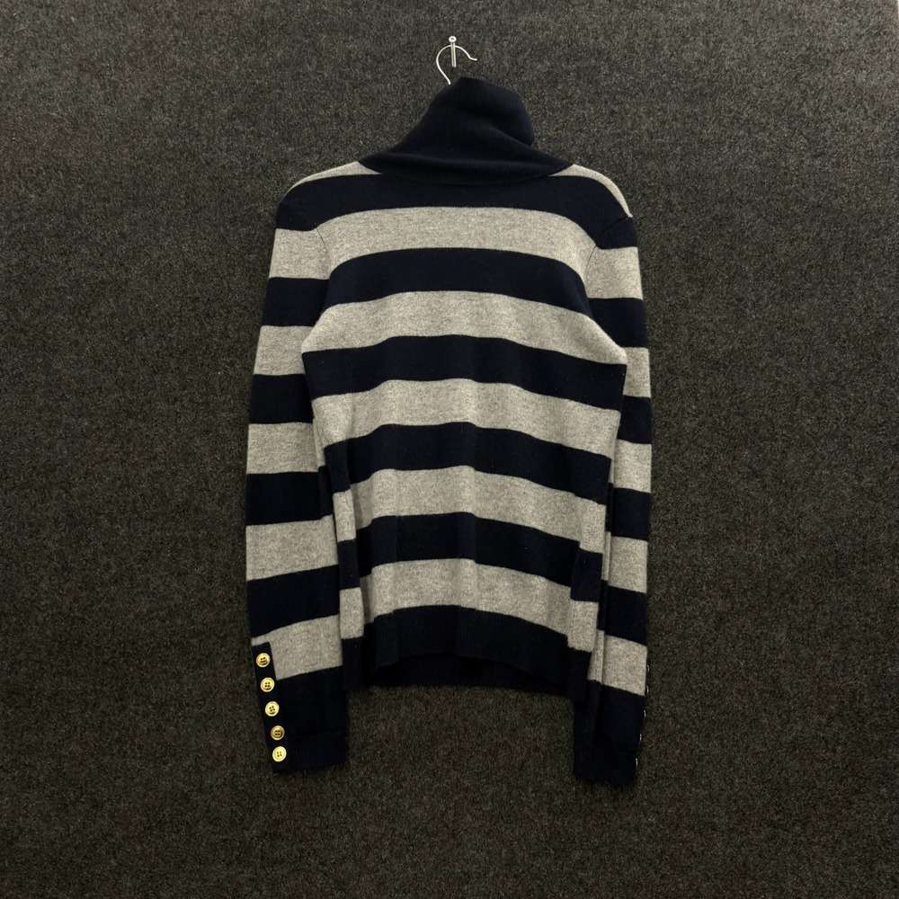 Sutton Studio Womens 100% Cashmere Striped Turtleneck Navy Gray Gold Buttons M